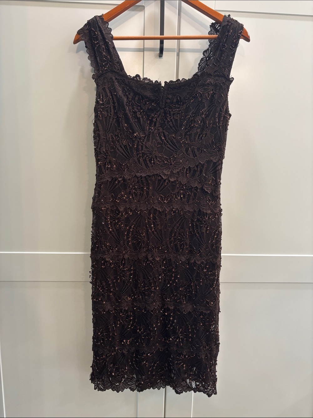 Brown Lace Beaded Sleeveless Cocktail Dress